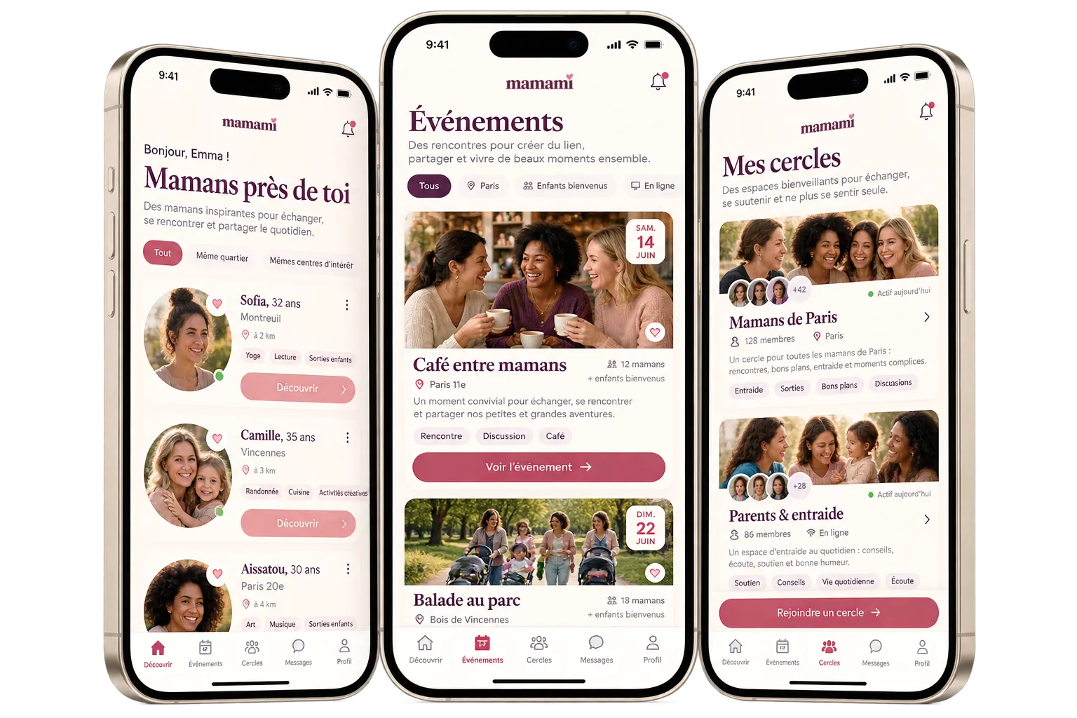 Aperçu de MAMAMI sur trois téléphones : mamans proches, événements et cercles.