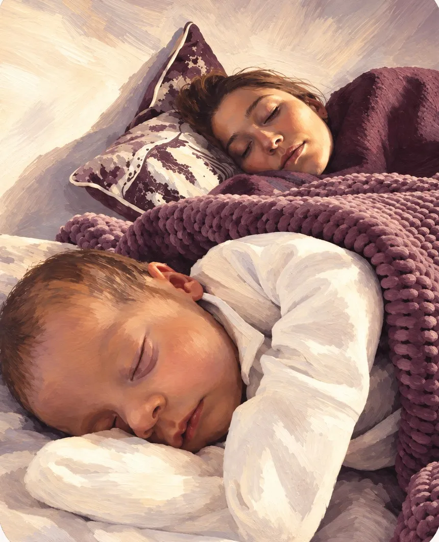 Une maman et son enfant endormis paisiblement sous un plaid en maille